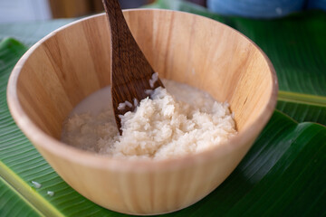 Preparing sticky rice in steamer for cook ,Sticky rice with mango , glutinous rice , northeastern of thailand food.