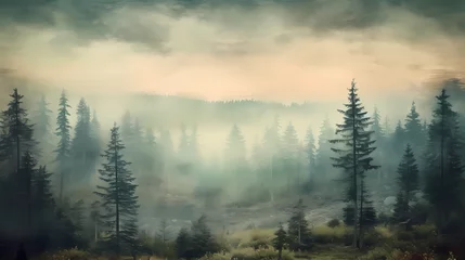 Gartenposter Wald im Nebel  Misty Landscape with Fir Forest in Hipster Vintage Retro