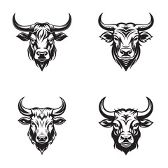 Bull head logos, silhouette set, black icon, mascot, bull silhouette, animals vector illustration
