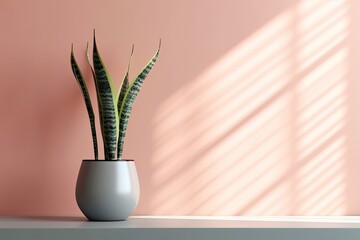 0523. Snake plant in front of light pastel wall. Generative AI