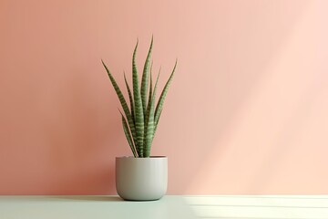 0525. Snake plant in front of light pastel wall. Generative AI
