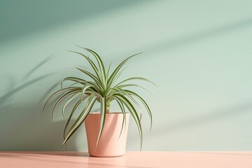 Fototapeta na wymiar 0529. Spider plant in front of light pastel wall. Generative AI