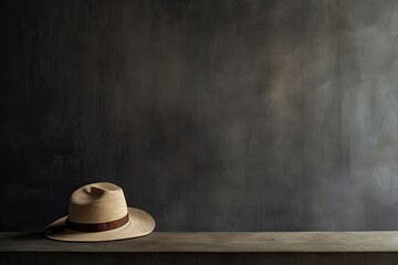 Fototapeta na wymiar 0534. Straw hat in front of dark wall. Generative AI