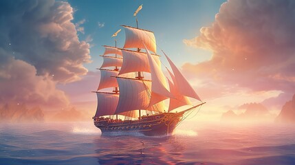 Fototapeta na wymiar Large sailboat sailing in the sea of clouds dreamy background. Generative Ai