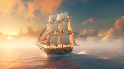 Large sailboat sailing in the sea of clouds dreamy background. Generative Ai