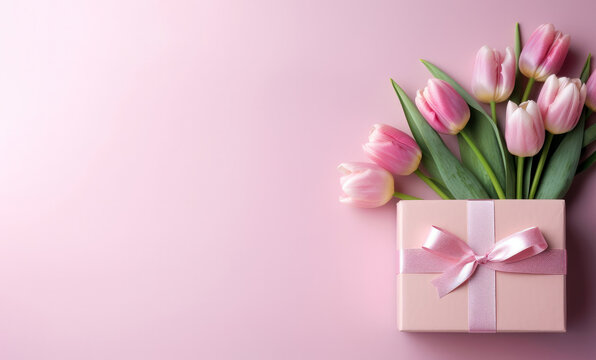 Bouquet of pink tulips and gift box on pink background.