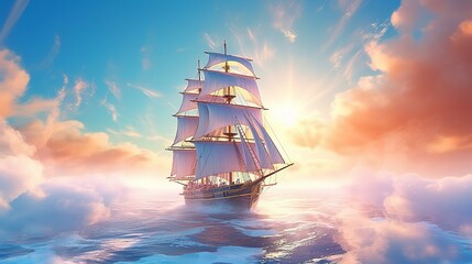 Obraz premium Large sailboat sailing in the sea of clouds dreamy background. Generative Ai