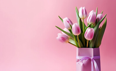 Bouquet of pink tulips in a gift box on a pink background