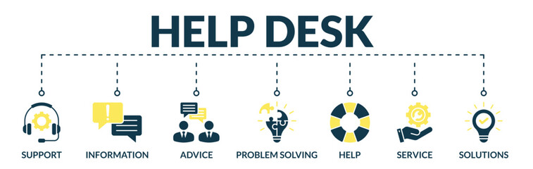 Banner of help desk web vector illustration concept with icons of support, information, advice, problem solving, help, service, solutions