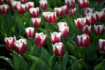 Close-up of pink & red tulip, green leaves, fragility, freshness