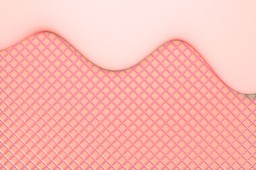 3d render of light pink wafer with white foam cream style pattern background. Illustration of a strawberry flavour for texture wafer, waffle or ice cream cone.