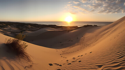 Fototapeta na wymiar Panoramic View of Sand Dunes at Sunrise on Beach