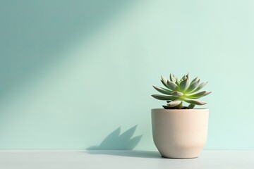 0545. Succulent in front of light pastel wall. Generative AI