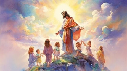 Jesus and his followers on top of a hill