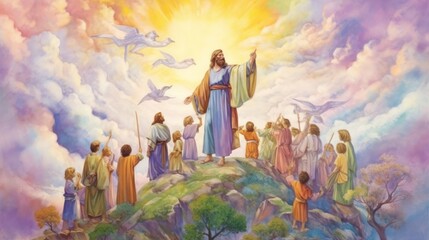 Fototapeta premium Jesus and his followers on top of a hill