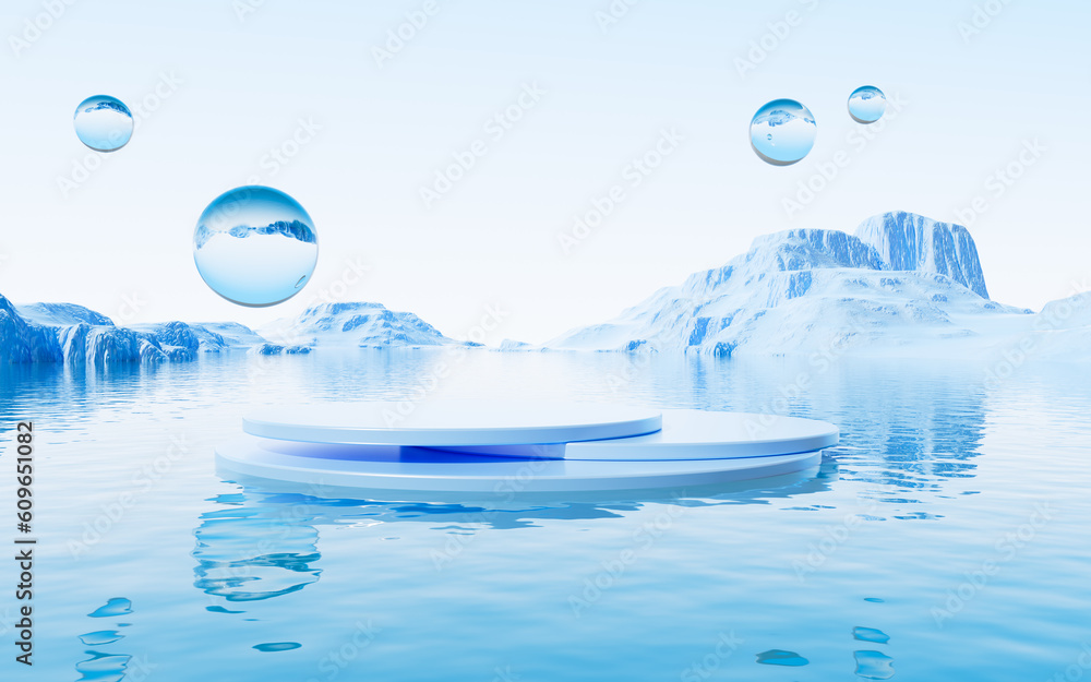 Poster empty stage and spheres with water surface background, 3d rendering.
