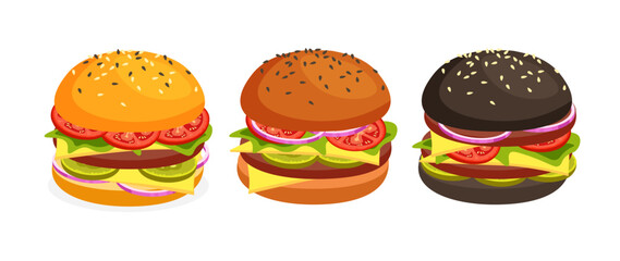 Vector burgers with different color bun set. Burger with cheese, tomatoes, chop, lettuce, onion. Fast food or junkfood meal.