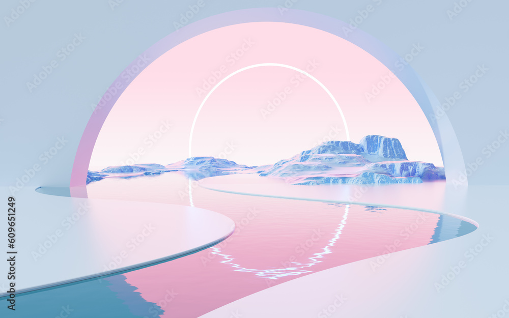 Poster geometric architecture and water surface background, 3d rendering.