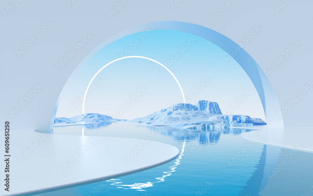 Poster geometric architecture and water surface background, 3d rendering.