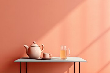 Fototapeta na wymiar 0558. Tea in front of light pastel wall. Generative AI