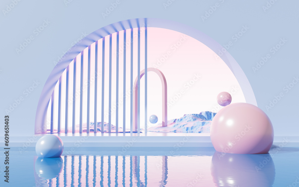 Poster geometric architecture and water surface background, 3d rendering.