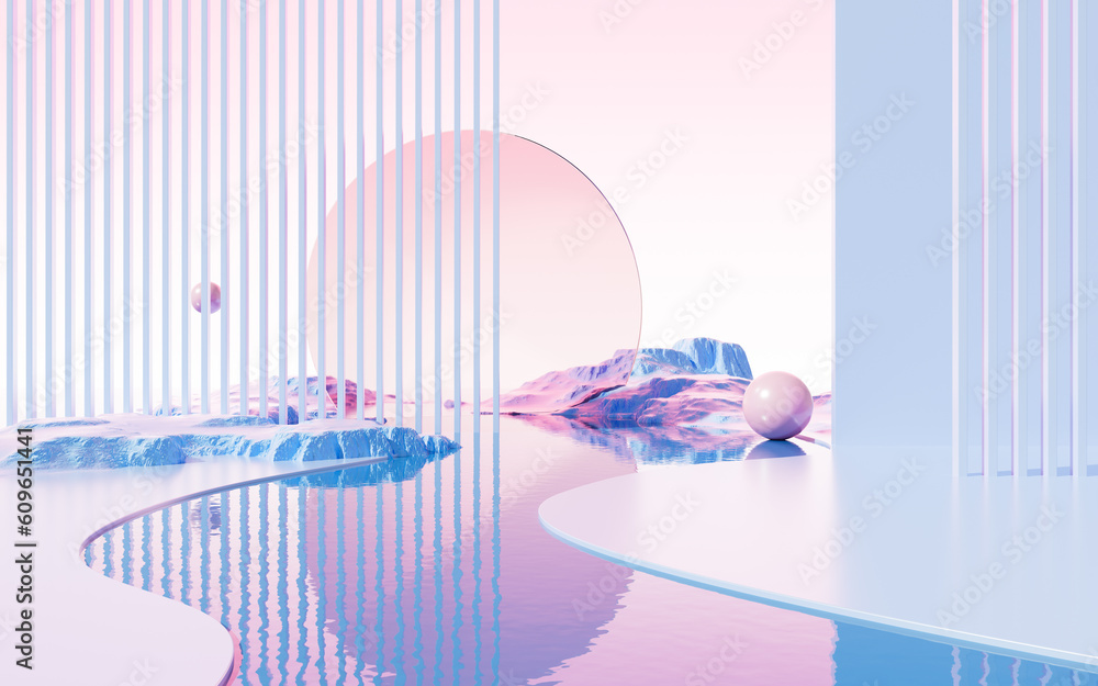 Poster geometric architecture and water surface background, 3d rendering.