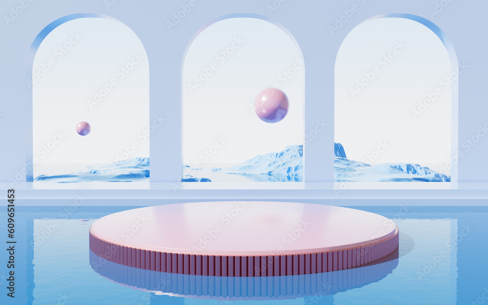 Poster geometric architecture and water surface background, 3d rendering.