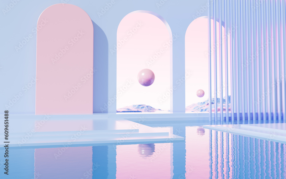 Poster geometric architecture and water surface background, 3d rendering.