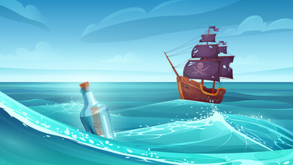 Old pirate ship and bottle with message scroll or paper treasure map floating in ocean or sea waves vector illustration. Cartoon battleship after shipwreck with broken deck and torn flag on horizon