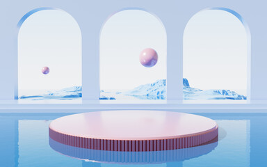 Geometric architecture and water surface background, 3d rendering.