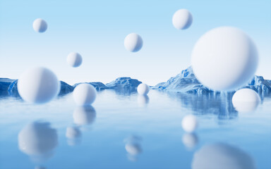 Abstract balls with water surface background, 3d rendering.