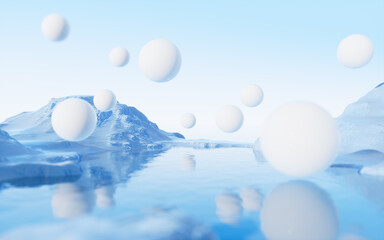 Abstract balls with water surface background, 3d rendering.