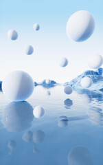 Abstract balls with water surface background, 3d rendering.