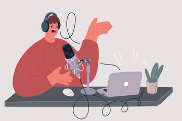 Vector illustration of Man in Headphones Doing Live Audio Podcast with Microphone, Radio Host Communicating with Guest