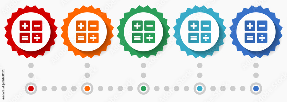 Poster calculator vector icon set, colorful infographic template, set of flat design badge icons in 5 color