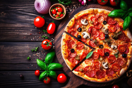 fast space food italian black food meal cheese pizza copy tasty tomato background. Generative AI.