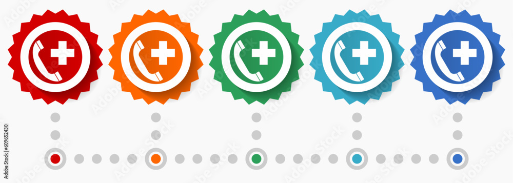 Poster emergency call vector icon set, colorful infographic template, set of flat design badge icons in 5 c