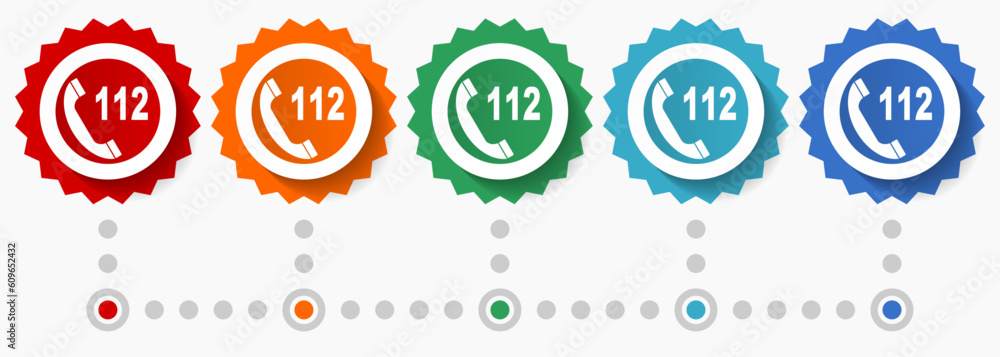 Poster emergency call, number 112 vector icon set, colorful infographic template, set of flat design badge 