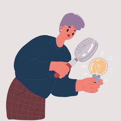 Vector illustration of concept Search of finding brilliant idea or thinking. Creative woman with light bulb magnifying glass. Business people character with lightbulb as symbol of solution