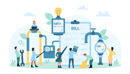 Payment of utility bills vector illustration. Cartoon tiny people check energy consumption on meter with magnifying glass, customers calculate cost of electricity, water and gas services on calculator