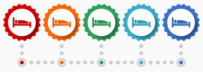 Bed, hotel vector icon set, colorful infographic template, set of flat design badge icons in 5 color options