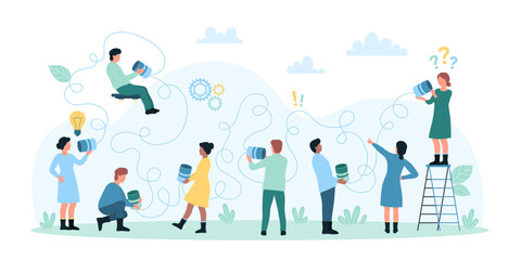 Fototapeta premium Bad communication of business team vector illustration. Cartoon tiny characters call, listen and speak with tin can telephone, misunderstanding conversation of people group with tangled toy phone