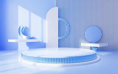 Blue geometric interior architecture and empty stage, e-commerce background, 3d rendering.