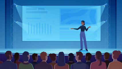 Public lecture, business training for audience vector illustration. Cartoon woman presenting business product on screen, confident female speaker standing on stage in spotlights to explain information