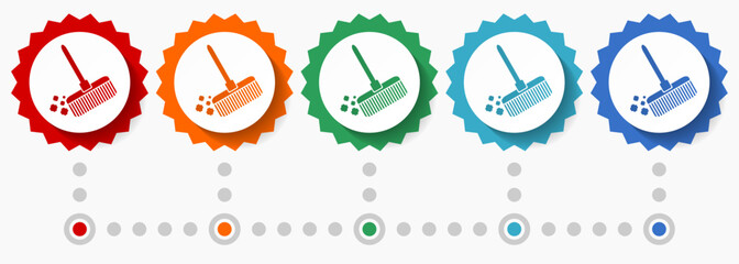 Broom, cleaning vector icon set, colorful infographic template, set of flat design badge icons in 5 color options