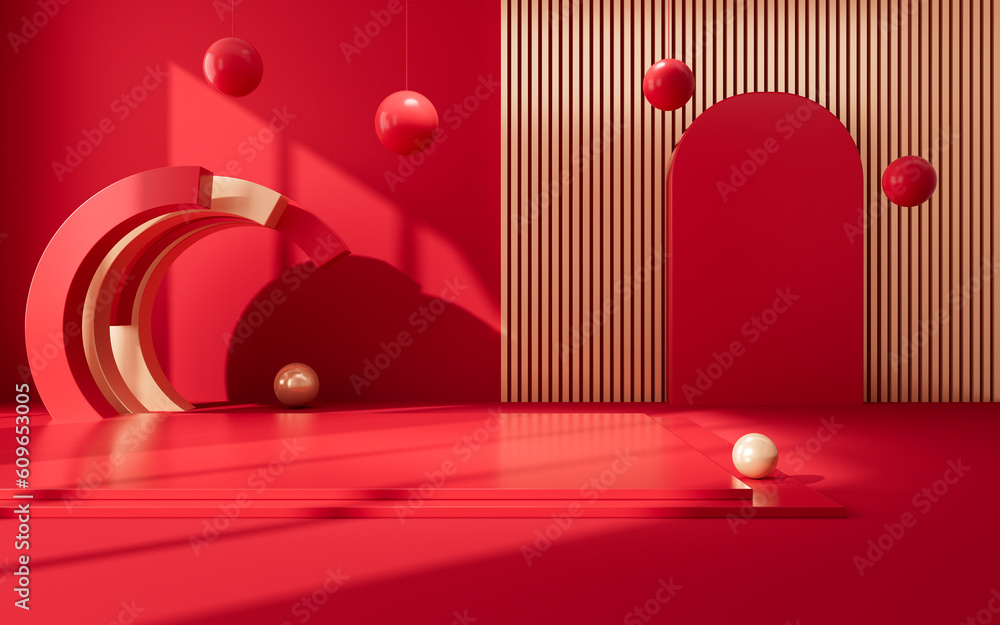 Poster red geometric interior architecture and empty stage, e-commerce background, 3d rendering.