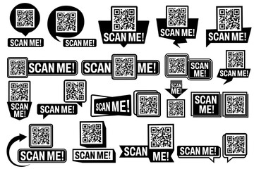Obraz premium scan me icon set. QR code barcode, scan, code, information, laser, identification, symbol, technology, price, label, payment, pay, sticker, shopping, store, transaction, sale, screen, signs, icon 