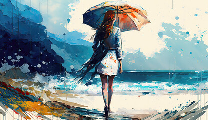 Illustration from  woman walking outside on beach with umbrella  with copy space created with Generative AI technology