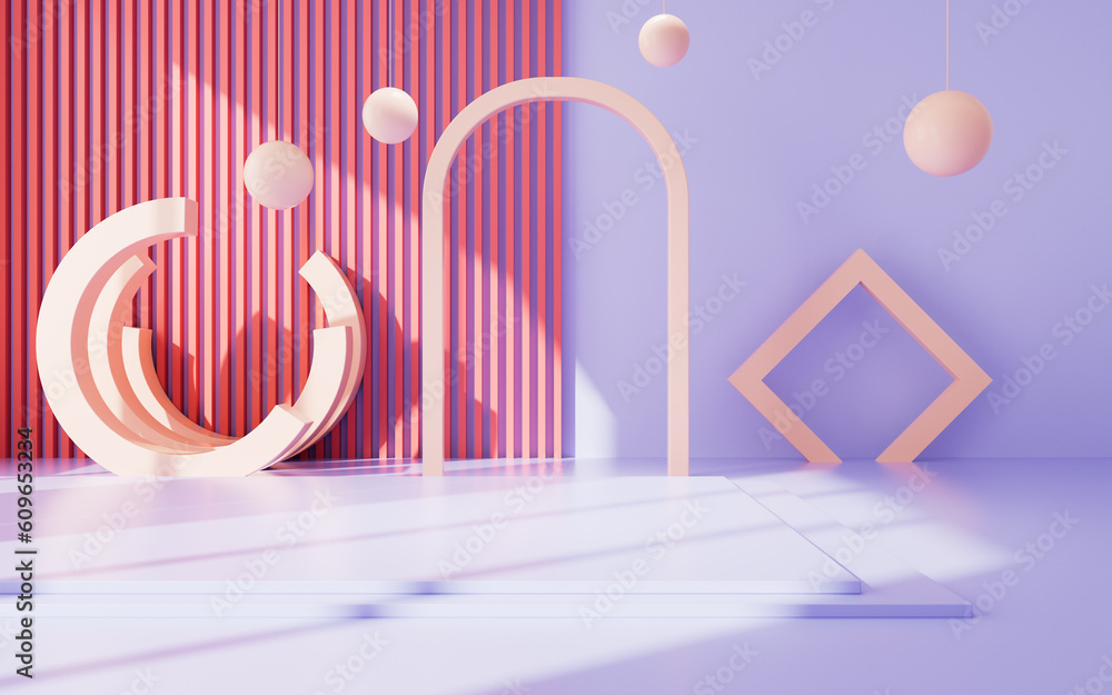 Poster mauve geometric interior architecture and empty stage, e-commerce background, 3d rendering.