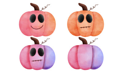Set of watercolor halloween pumpkins. Pink,purple and orange pumpkins illustration.